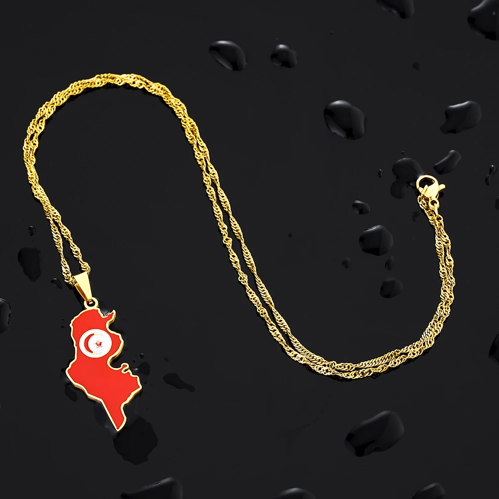 Tunisia Map Pendant Necklace - Unisex World Map Flag Charm Clavicle Chain, Adjustable Length, Ethnic Style Jewelry