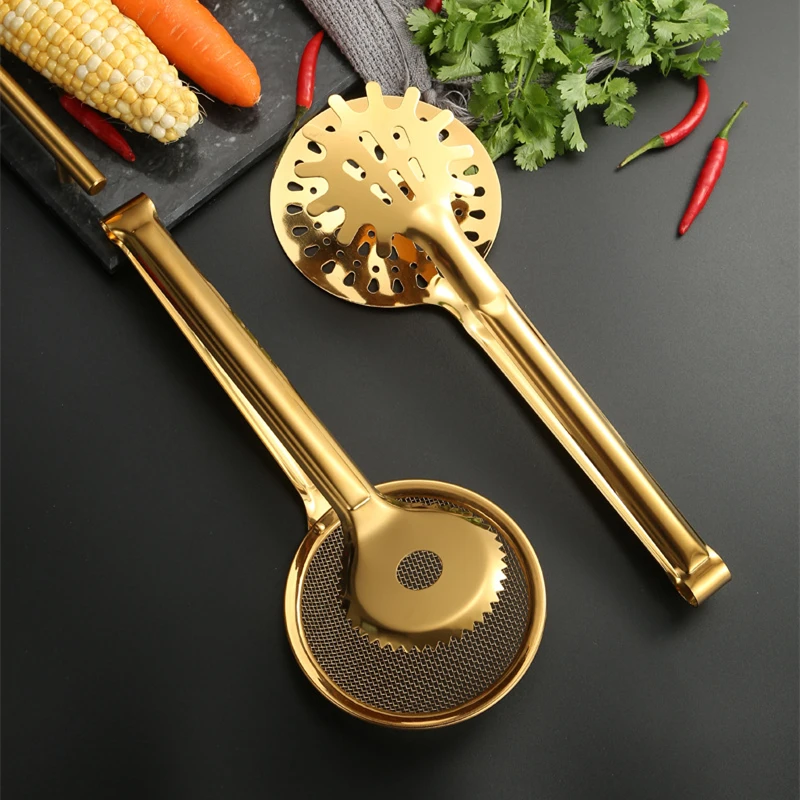 Gold Food Clip Stainless Steel Serving Tongs Oil Filter Spoon Mesh Strainer Colander for Snack Barbecue Steak Clamp Kitchen Tool