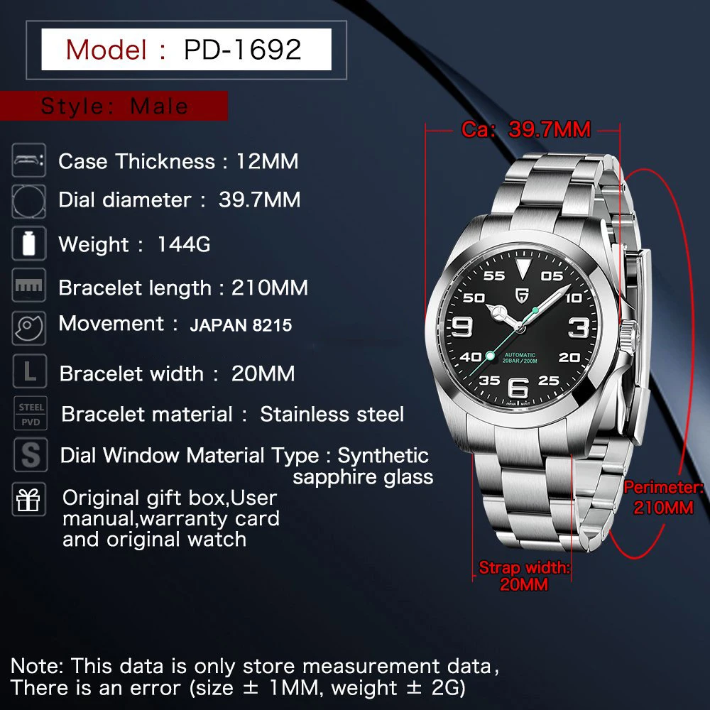 Mechanical Watch PAGANI DESIGN PD-1692 Men Mechanical Wristwatches Luxury Sapphire Glass AR Coated Automatic 20bar Waterproof Watch