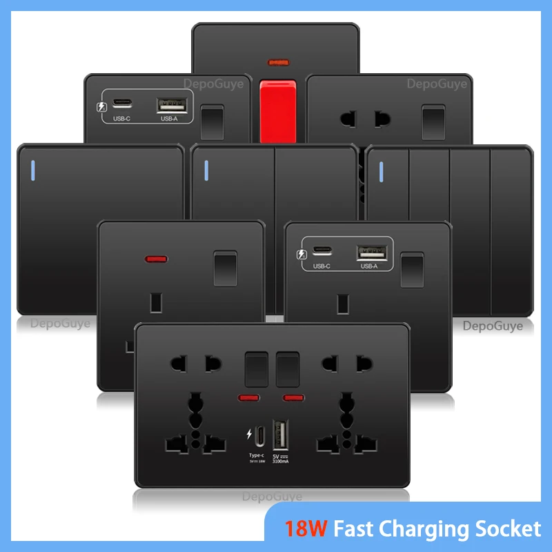 Universal สีดํา USB Type-C 18W Smart Fast CHARGING SOCKET คู่ 5-PIN Power Plug,UK ไฟฟ้า Internationa Wall LIGHT SWITCH 1
