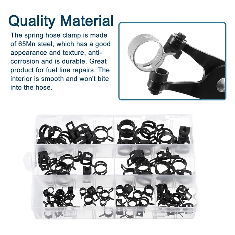 50 Pcs Spring Band Clamps 6mm (1/4 Inch) - Black Manganese Steel Hose Clips For Fuel & Silicone Lines