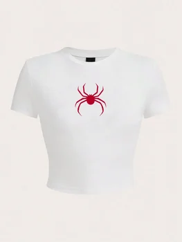 Simple Red Spider Prints Crop T-Shirt Street Cropped Navel Women Short Sleeve Comfortable Female Clothes Aesthetic Clothes