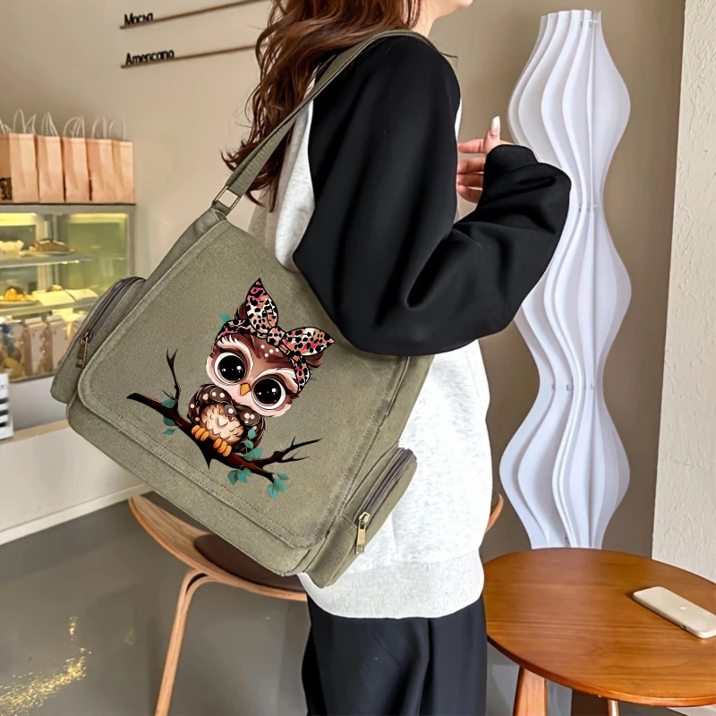 Casual Women's Shoulder Bag Cute Owl Print Large Capacity Canvas Crossbody Bag Messenger Bag Daily Use