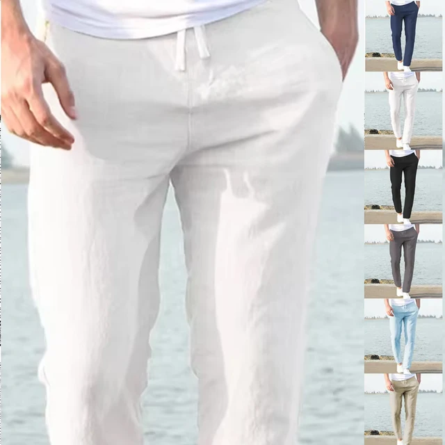 Men's Trousers Cotton Linen Fashion Casual Pants Solid Color Breathable Loose Shorts Straight Drawstring Pants Streetwear Men 2