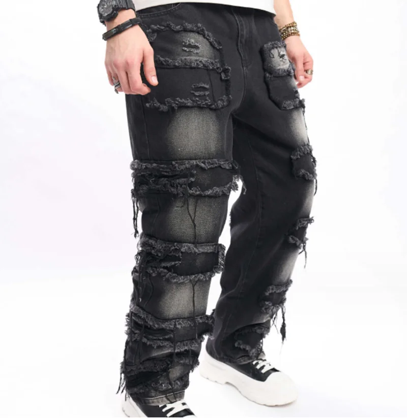 Men's Casual jeans Tassel Jeans Denim Vintage Patchwork hiphop Straight Pants Bleached Washed Fashional Middle Weight
