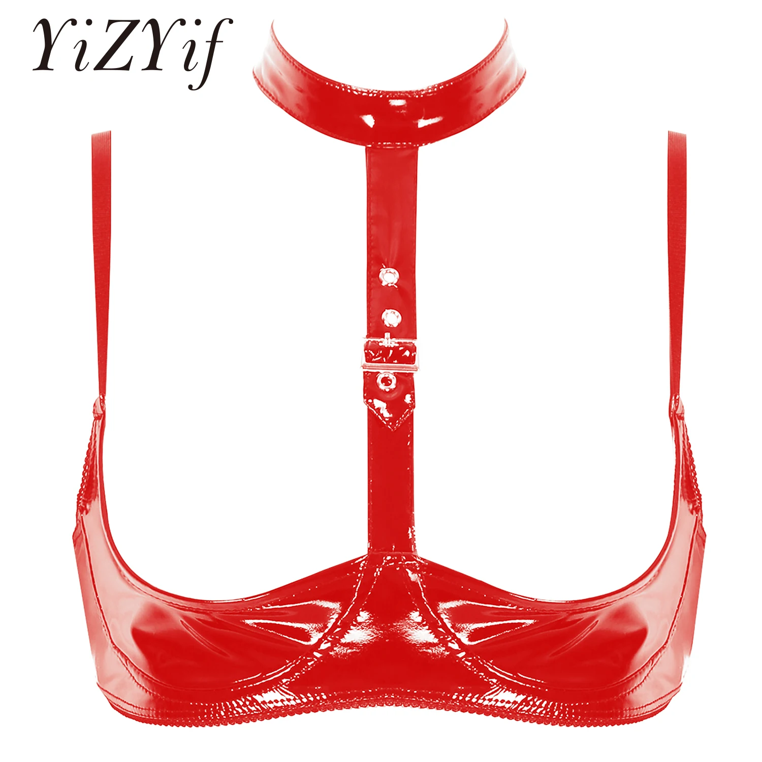 

Womens Wet Look Bra Patent Leather Lingerie Buckle Halter Neck Open Cups Wire-free Shelf Bra Top Exposed Breasts Bralette