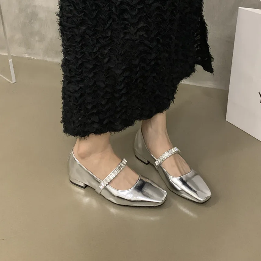 Ballet Flats Vintage Style Silver Shoes Bailamos Square Toe Ballet