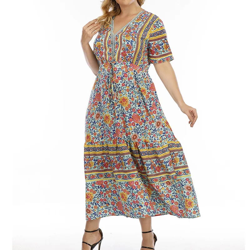 Bohemian V-Neck Design of Scattered Small Flower Sand Plants Print Elastic Wrinkle Lacing Short Sleeve Midi Plus Size Dresses