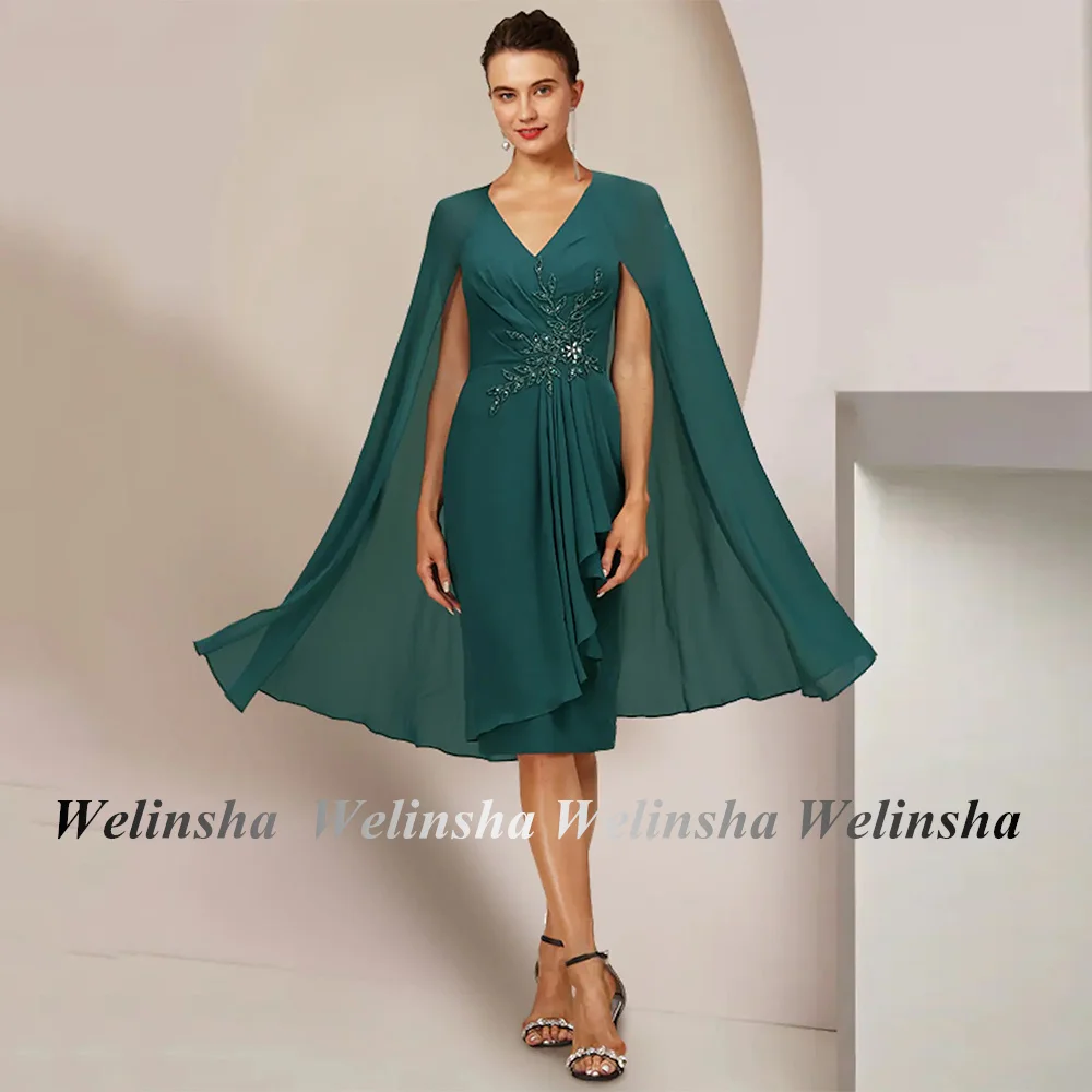 

Emerald Green Mother of The Bride Dress Chiffon Cape V Neck Beading Sequined Knee Length A Line Wedding Guest Gown Party Dresses