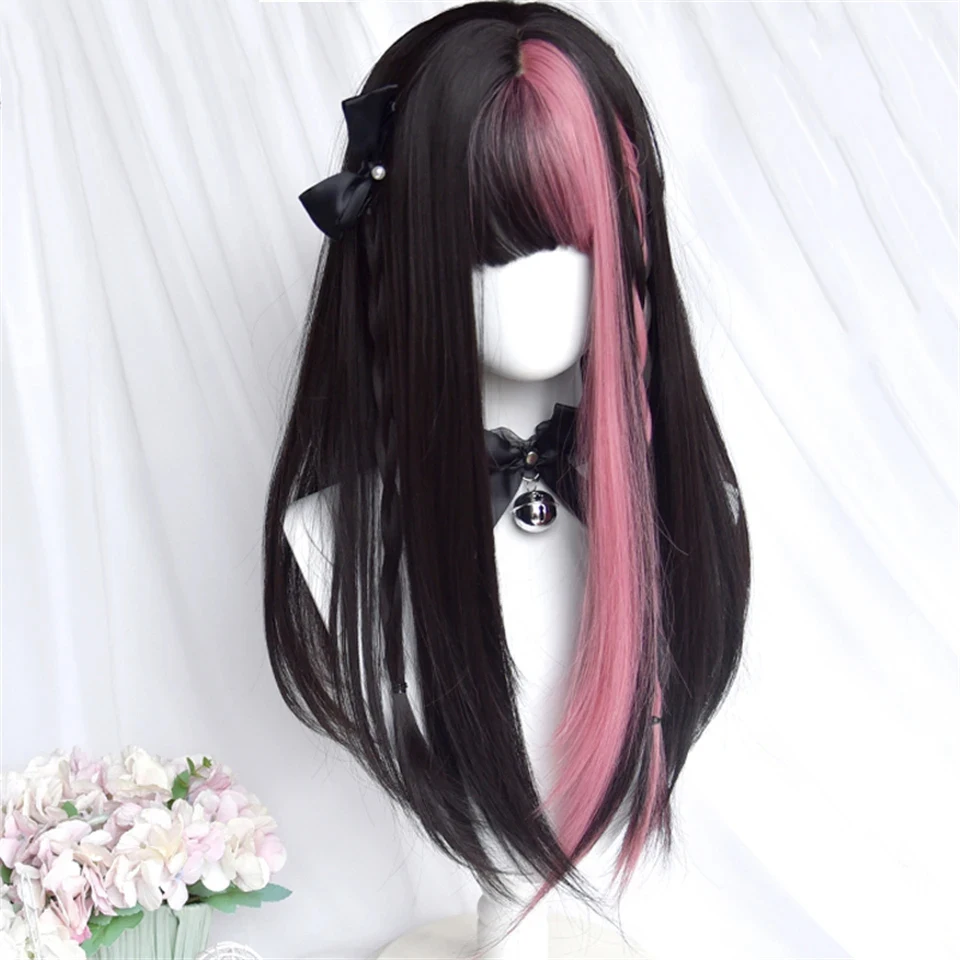 Synthetic Black Pink Hair Highlights Wig For Women Daily Wear