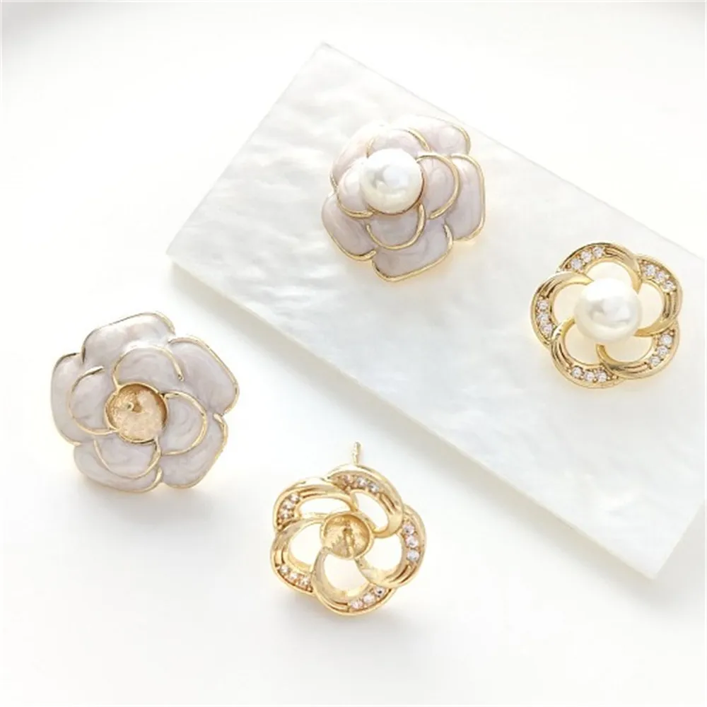 14K Gold-coated Camellia Half-hole Beaded Earrings 925 Silver Needle Handmade Diy Sticky Pearl Ear Jewelry Accessories E310