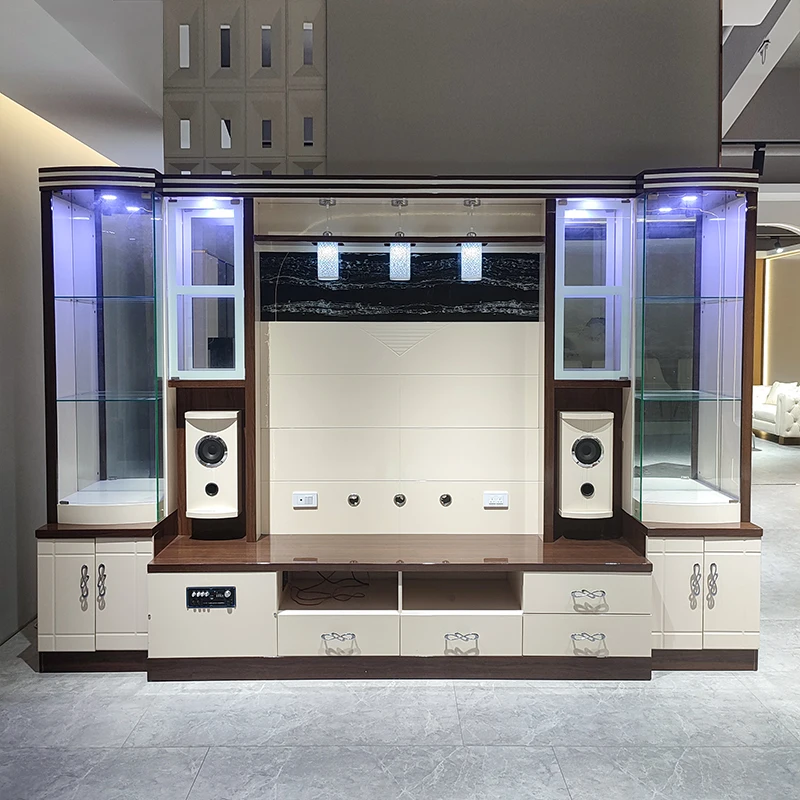 Modern Luxury Living Room Led Wall Unit Tv Cabinet Home Furniture New Design White Solid Wood Storage Display Rack Tv Stand