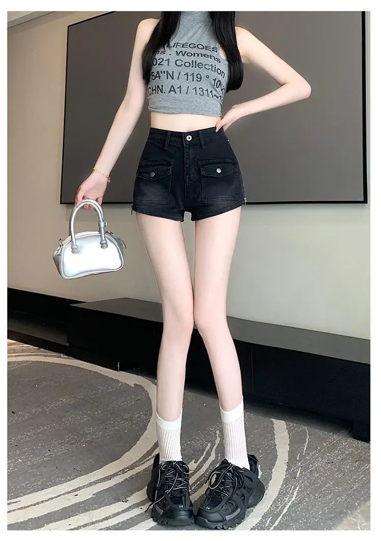 Denim Shorts With Zipper Pockets High-Waisted American Hot Pants 2024 Summer New Style Slimming Wide-Legged A-Line Hot Pants