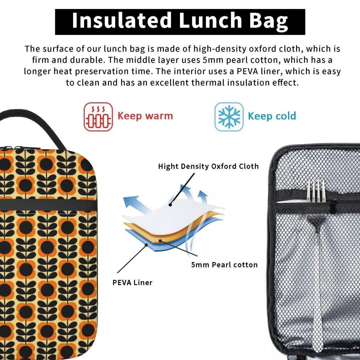 Orla Kiely Multi Stem Flowers Insulated Lunch Bags School Scandinavian Style Waterproof Thermal Cooler Bento Box Women Children