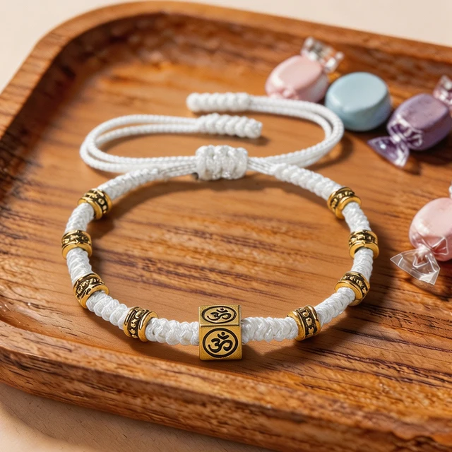 Bracelet tressé vintage Om avec perles carrées, fait main, réglable, porte-bonheur et protection, pour femmes, hommes, couples, bijou de poignet, cadeau