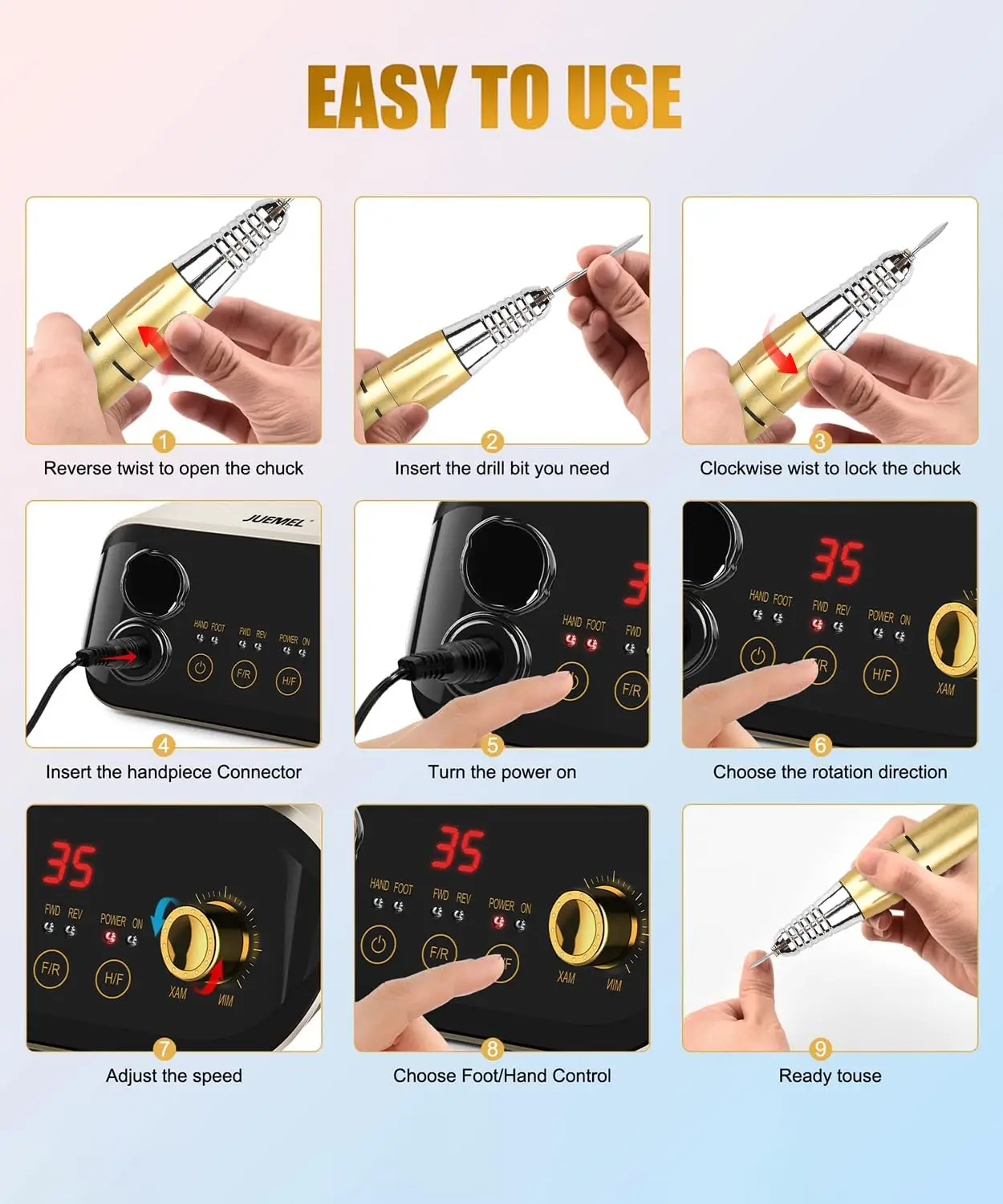 Nail Drill Machine 35000 rpm with Foot Pedal and Forward/Reverse Rotation,JUEMEL Electric Nail File for Gel Nails,Acrylic,Manicu 3