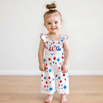 Toddler 4th of July Romper with Star Print and Smocked Pants Girl s Sleeveless Jumpsuit for Summer Celebrations 2