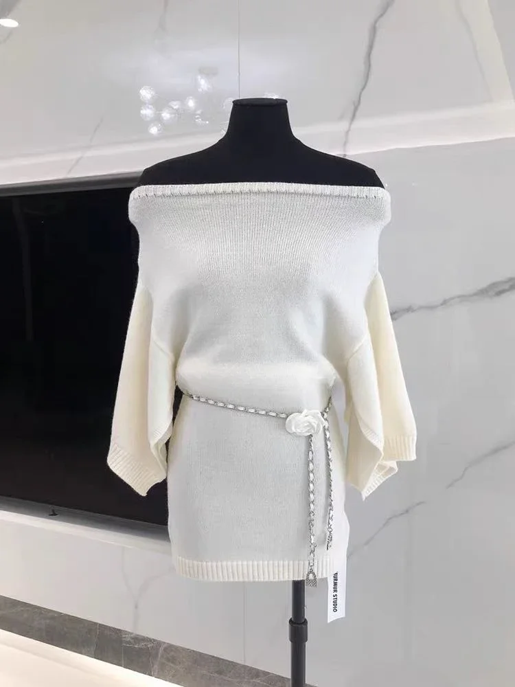 2025 New Autumn Women's Clothing One-word Shoulder Long-sleeved Loose Dress Elegant Knitwear Sexy Casual Short Skirt