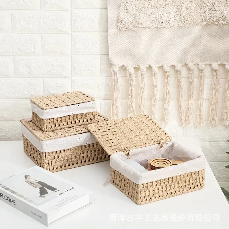 Handwoven Storage Box Rattan Storage Baskets with Lid Wicker Desktop Sundries Cosmetics Organizer Clothes Snack Toys Storage Box 2