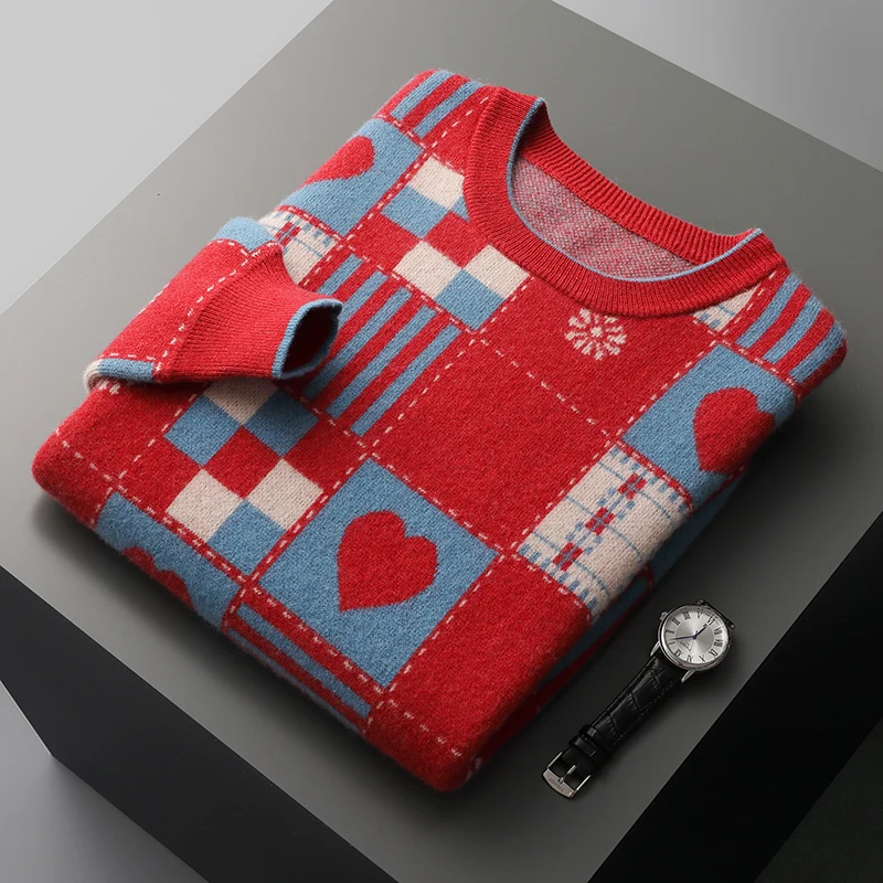 Explosions in autumn and winter 100% pure wool men\'s thick round neck contrast knitted sweater loose retro wool bottoming shirt