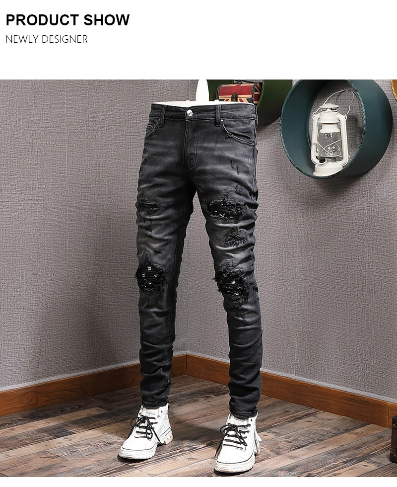 Fashion Streetwear Men Jeans Black 