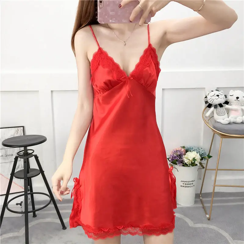 Women Nightgowns Women's Satin Nightgown Silk Sleeveless Dress V Neck Sexy Nightwear Lace Sleepwear Summer Lingerie