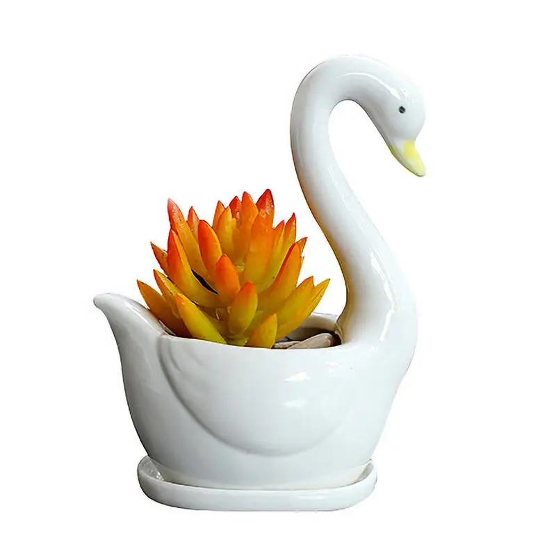 

Цветочный горшок в форме лебедя, белый керамический горшок для растений в форме лебедя, домашние художественные изделия, декоративный домашний горшок с подносом и дренажом