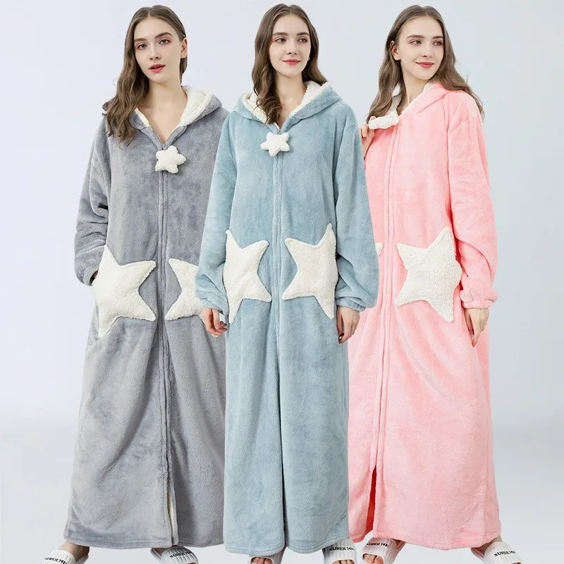 

Flannel Robe Women'S Pajamas Winter Star Nighty Bathrobes Warm Night Wears Cute Home Clothes Sleep Top Light Robes for Coverage
