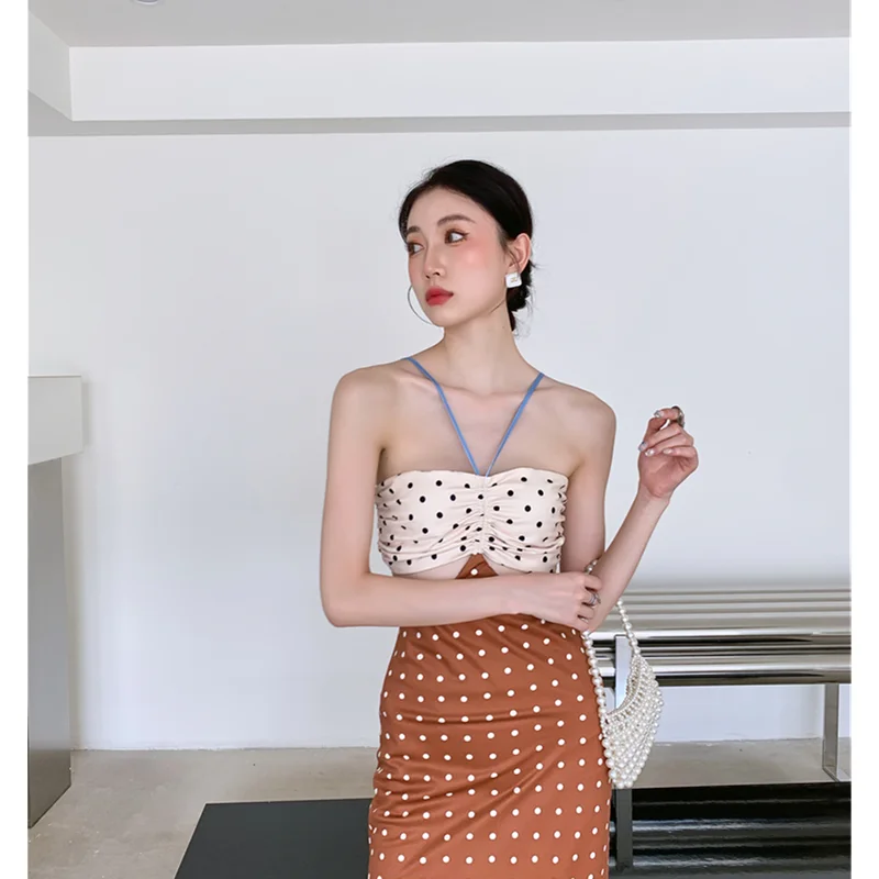 

Летняя женская одежда, юбка на бретелях, французская Современная дизайнерская коричневая юбка в горошек средней длины, женское Привлекательное элегантное платье