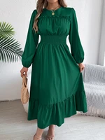 Autumn and Winter Casual Elegant Solid Color Round Neck Long Sleeved Waist Cinched Lotus Leaf Edge Dress Women Clothing - Image 5