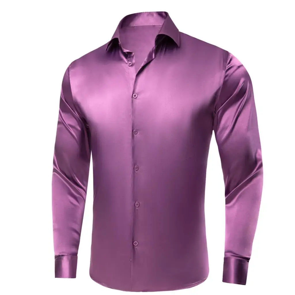 

Hi-Tie Purple Solid Silk Mens Shirts Lapel Long Sleeve Dress Shirt Soft Blouse for Male Formal Casual Wedding Business Oversized