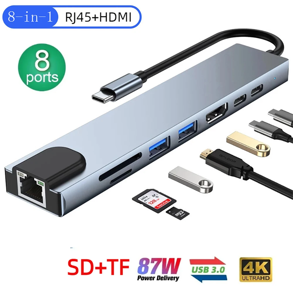 

USB C HUB 3.0 USB Splitter Type C to HDMI RJ45 PD 87W Adapter USB 3.0 HUB With SD TF Type-C OTG 3 Hab For Macbook Air iPad Pro