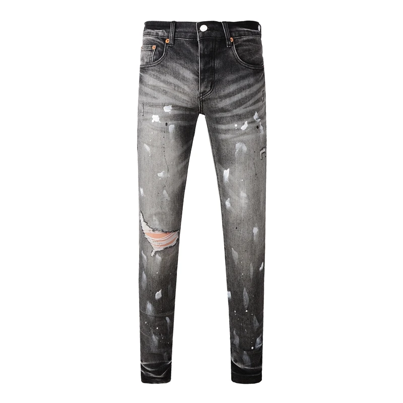 

High Street Fashion Hole Jeans Retro Grey Stretch Skinny Painted Ripped Jeans Men Designer Hip Hop Brand Pants