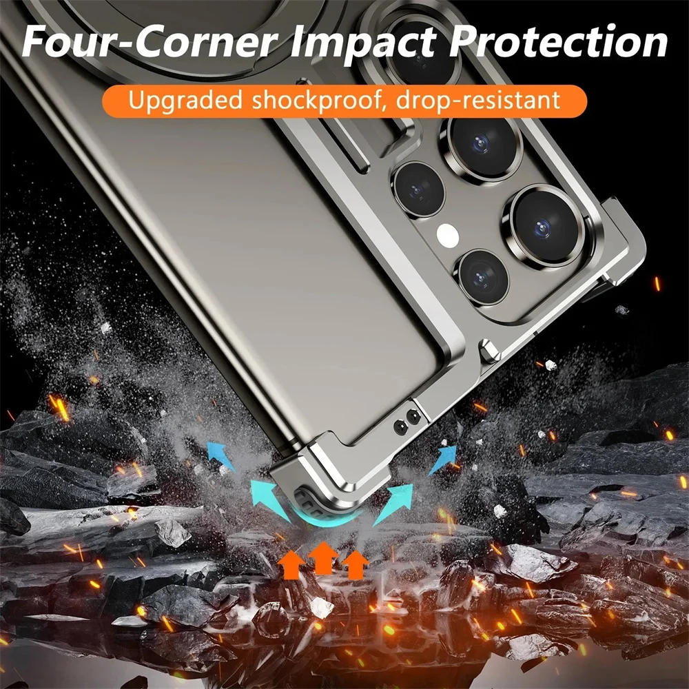 Metal Magnetic Phone Case For Samsung Galaxy S24 S24Plus S24Ultra Metal Phone Bumper With Finger Ring Holder Magnetic Car Stand
