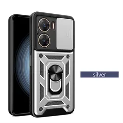 Durable Armor Phone Case with Lens Protection & Ring Holder for VIVO X80 Lite (Silver)