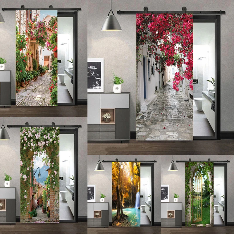 문짝 스티커 벽지 자체 접착 장식 포스터 전체 커버, 목욕 침실 문짝 풍경