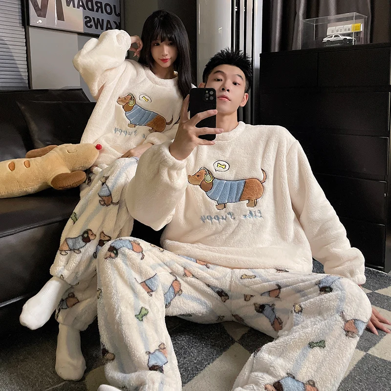 Couples Matching Long Sve Coral Fce Thiened Fce Pajamas Cartoon Design Home Clothes Set Warm Spwear for Men And...