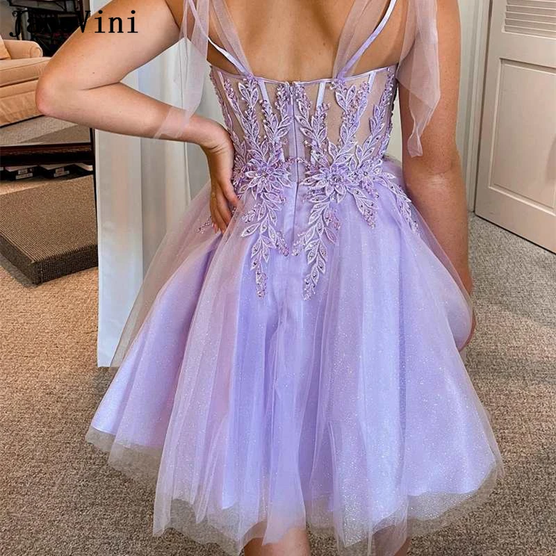 Janevini elegante lila Spitze appliziert Heimkehr Kleider kurze Mini Perlen Frauen Party tragen sexy Illusion Tüll Cocktail kleid