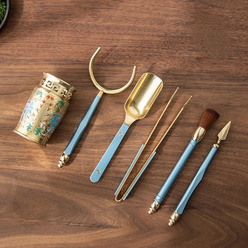 Enamel Color Tea Ceremony Six Gentlemen Household Brass Antique Tea Knife Spoon Clip Kung Fu Accessories