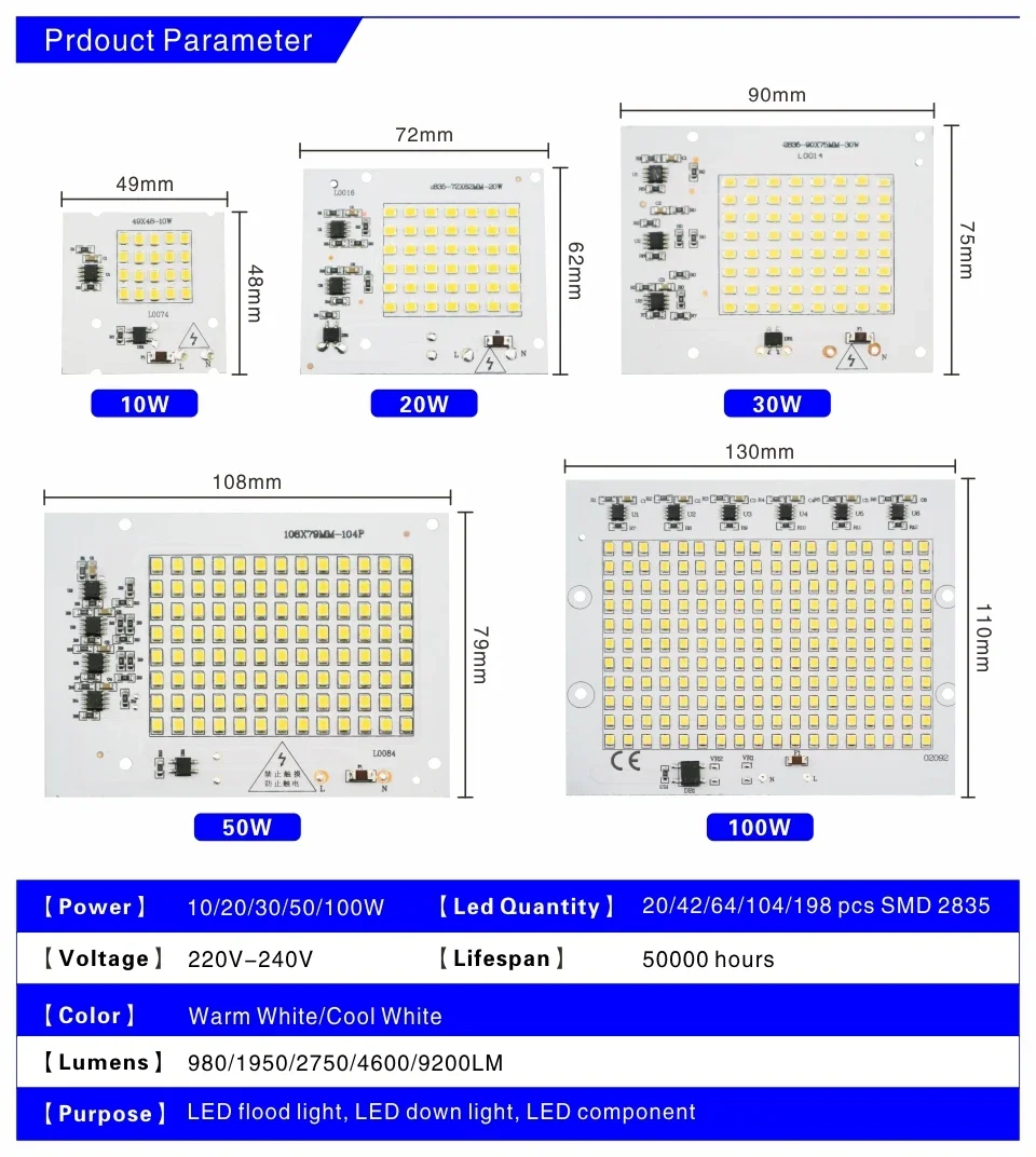 Description Picture 3 of item10W 20W 30W 50W 100W LED Chip SMD 2835 Flood Light Beads AC 220V-240V Led Floodlight Lamp DIY For Outdoor Lighting Spotlight