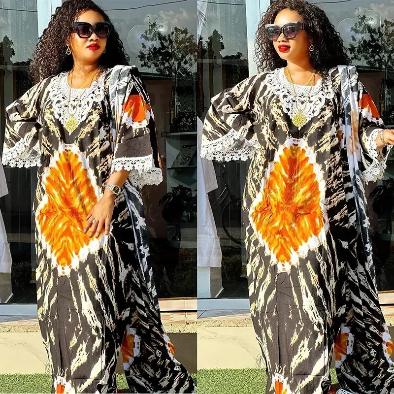 

2023 Africa Dress for Women for Evening Party Autumm Elegant Print O-neck Maxi Dress Muslim Fashion Abaya African Clothing