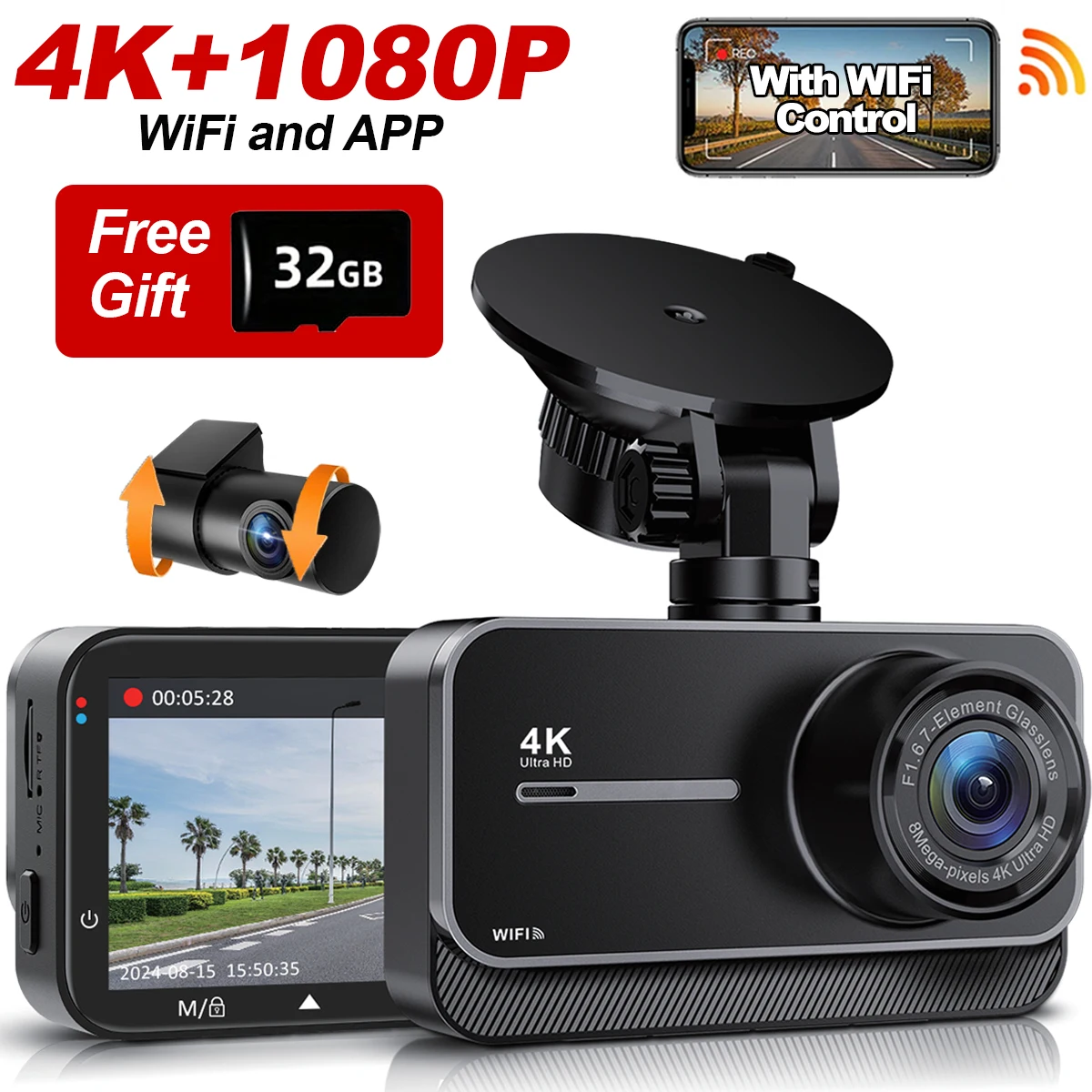 كاميرا سيارة داش كام 4K واي فاي لتسجيل الفيديو، مسجل فيديو DVR، صندوق أسود، قناتان أمامية وخلفية، وضع ركن السيارة 24 ساعة، رؤية ليلية عالية الدقة
