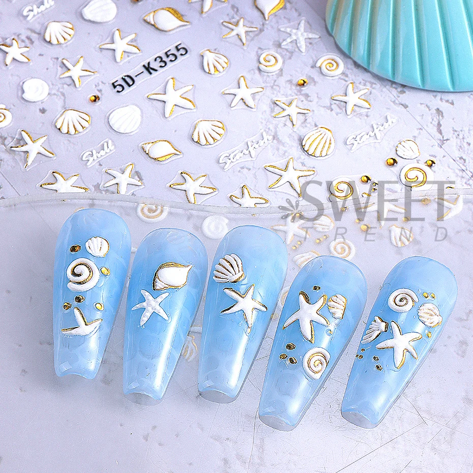 5D Summer Beach Ocean Shells Starfish Nail Stickers Conch Stars Embossed Nail Art Supplies Decals Manicure Charm Decoration DIY