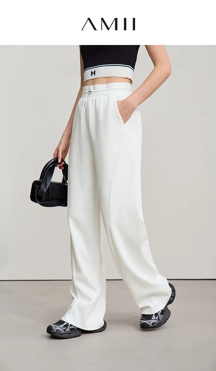 Amii Cotton Pants For Woman 2026 Autumn New Adjustable Rubber Band Waist Casual Pants Long Wide Leg Knit Women Trousers 12641040