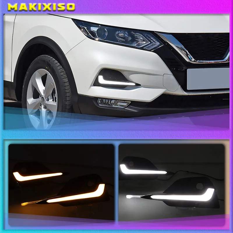 

Светодиодные дневные ходовые огни для Nissan Qashqai 2019 2020, динамический желтый сигнал поворота, Автомобильные дневные ходовые огни 12 В светодиодный ные противотуманные фары, 2 шт.
