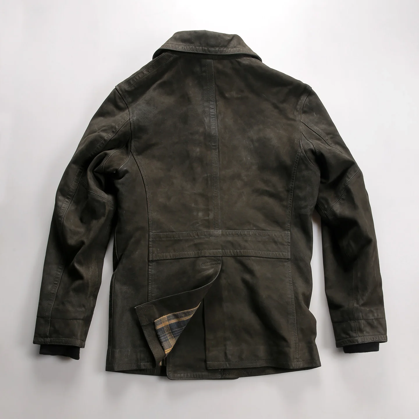 Amerikanischer Vintage-Mantel aus Wildleder 740, mittellang, für Herren, mit Revers, zweireihig, aus pflanzlich gegerbtem Ziegenleder, echte Lederjacke – Detail 9