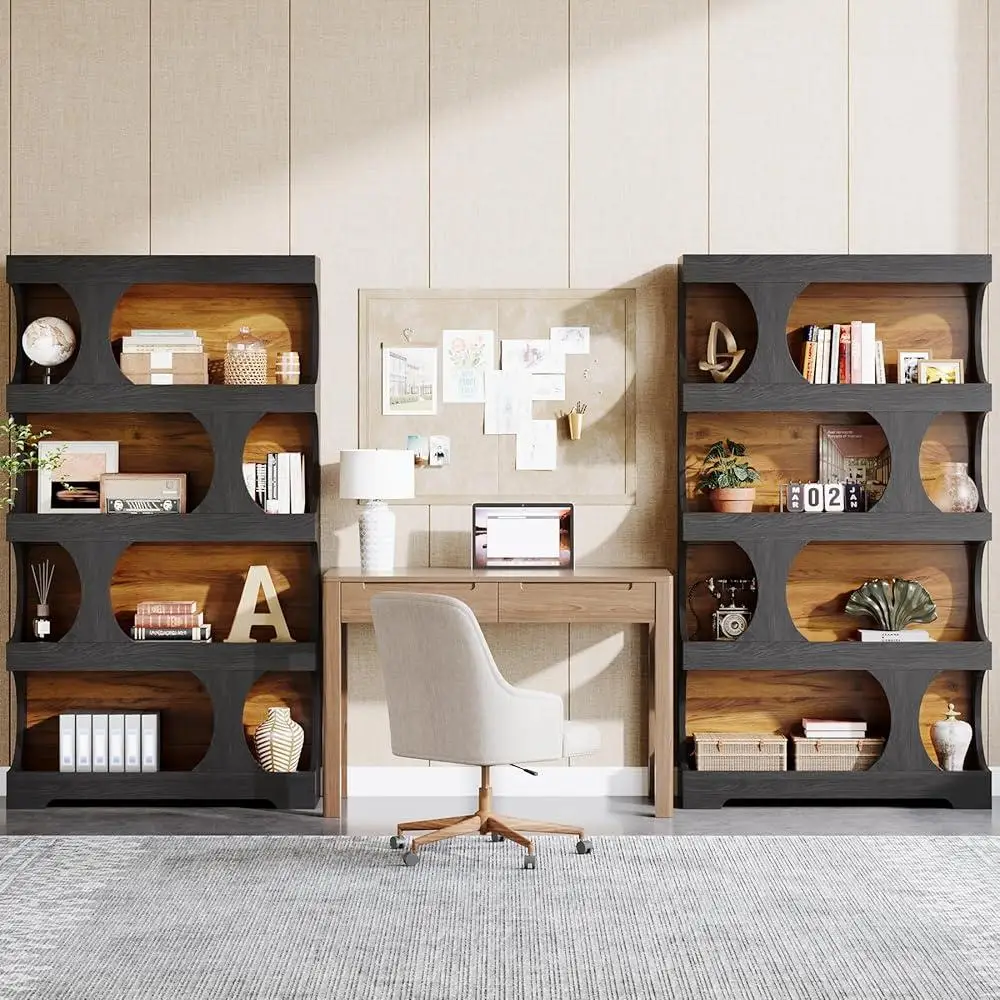 S Shaped Tall Bookcase Set of 2 4 Tier Modern Freestanding Storage Shelving Stylish Bookshelf Space Saving Display Units 4