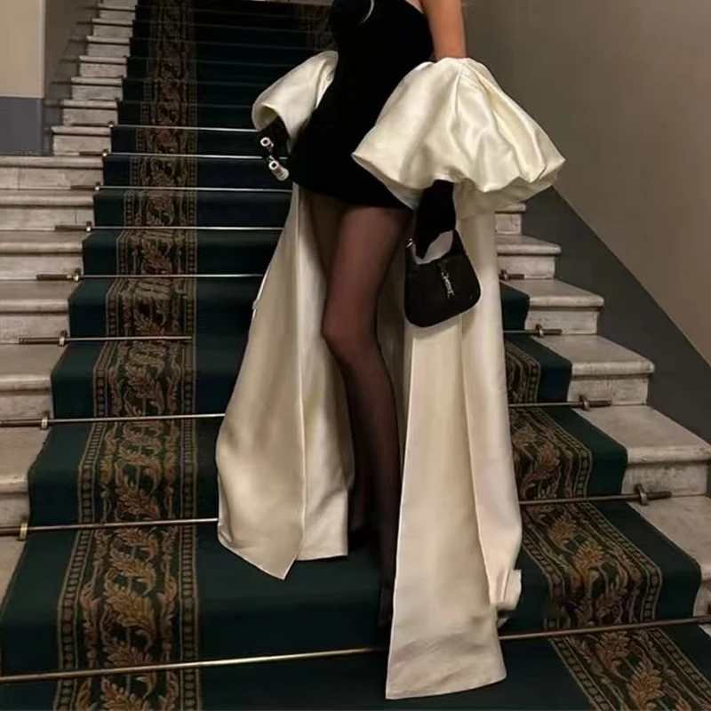 Satin Detachable Train With Puff Sleeves Wedding Removable Skirt for Dresses Formal Party Bridal Overskirts Cape