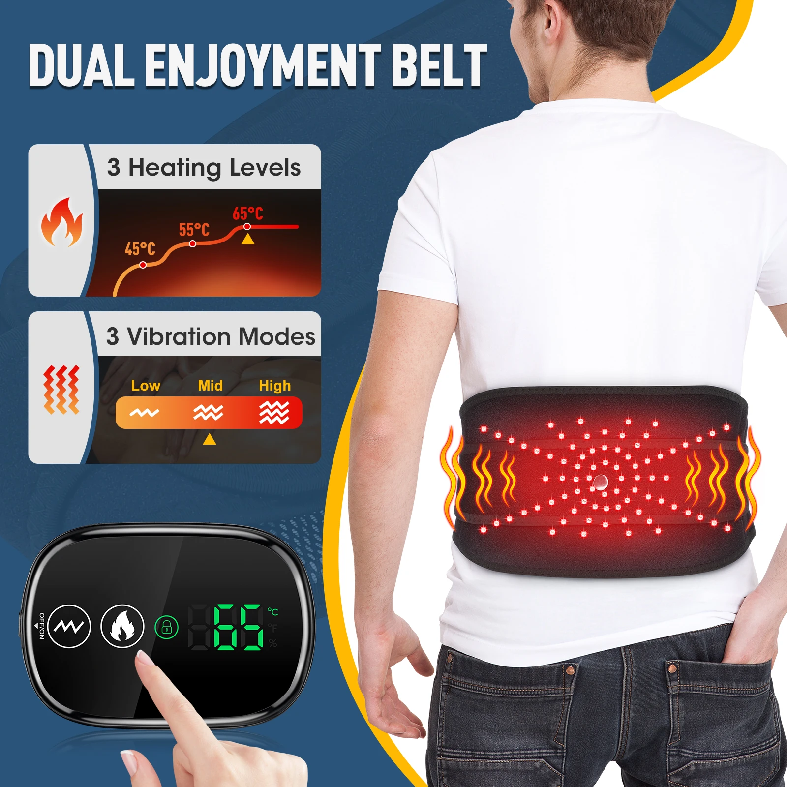 Cordless Heating Vibration Waist Massage Belt Red Light Hot Compress Lumbar Support Back Massager Adjustable Support Brace