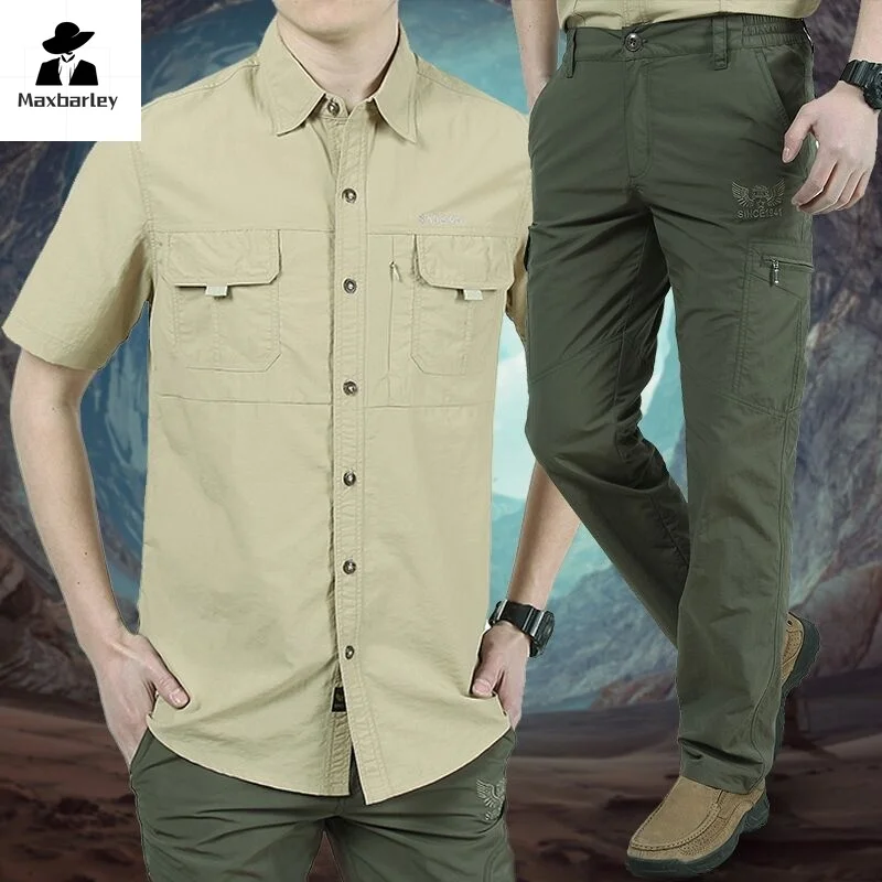 Outdoor 2-piece Set Hiking Fishing Shirt Men Summer Breathable Quick Dry Short Sleeve Cargo Work Hunting Camping Shirts+pants